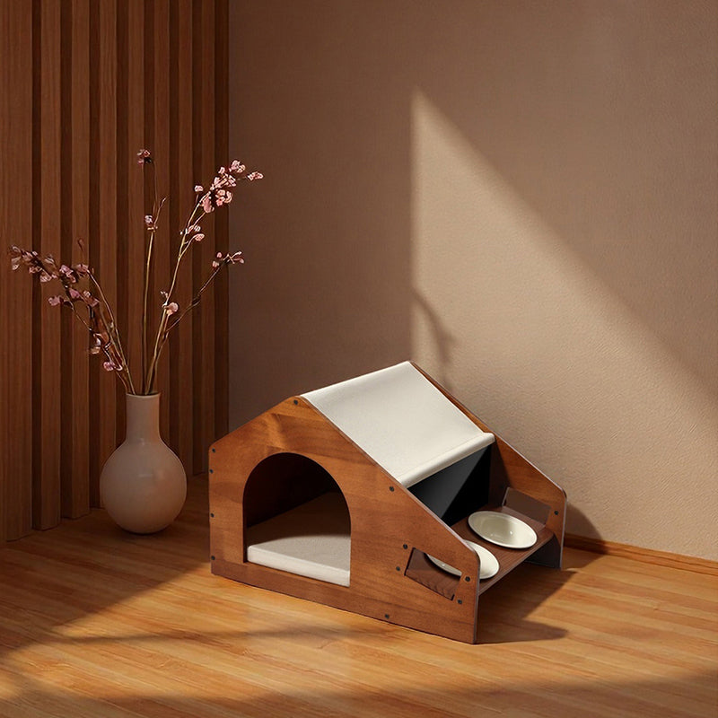Traditional Chinese House-Shaped Oxford Cloth Solid Pine Wood Acrylic Ceramic Multi-Functional Dog Bed Cat Bed For Bedroom Cuvalon