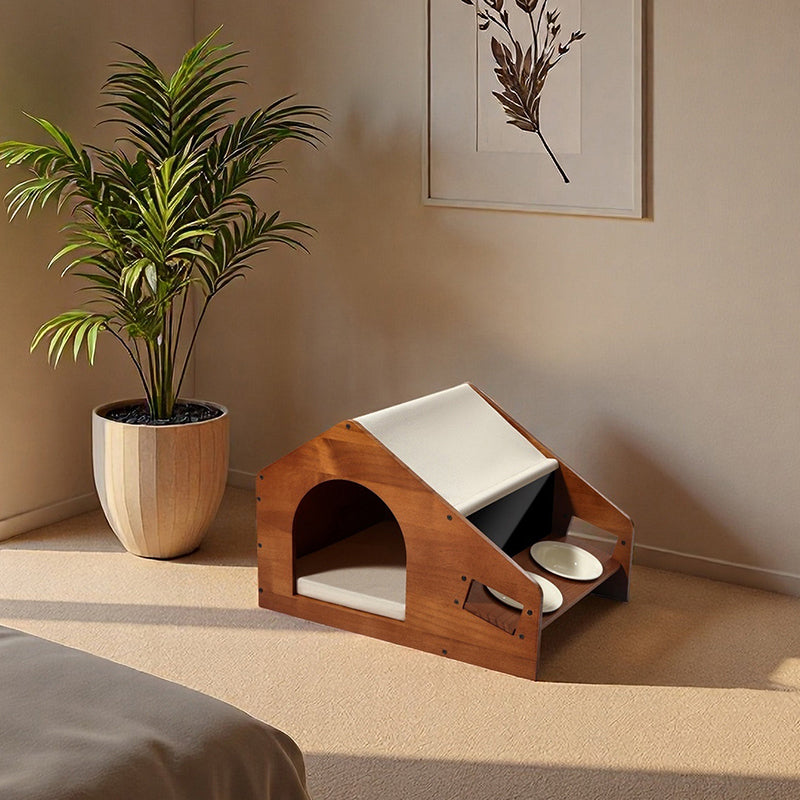 Traditional Chinese House-Shaped Oxford Cloth Solid Pine Wood Acrylic Ceramic Multi-Functional Dog Bed Cat Bed For Bedroom Cuvalon