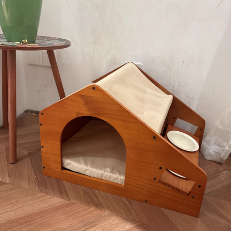 Traditional Chinese House-Shaped Oxford Cloth Solid Pine Wood Acrylic Ceramic Multi-Functional Dog Bed Cat Bed For Bedroom Cuvalon