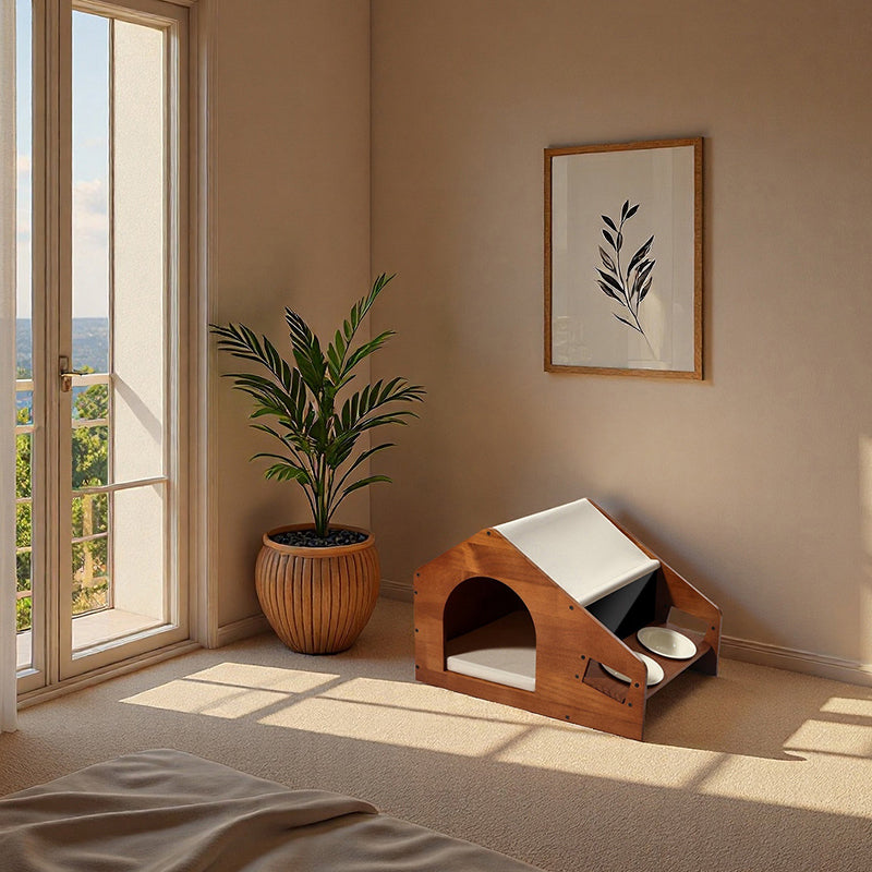 Traditional Chinese House-Shaped Oxford Cloth Solid Pine Wood Acrylic Ceramic Multi-Functional Dog Bed Cat Bed For Bedroom Cuvalon