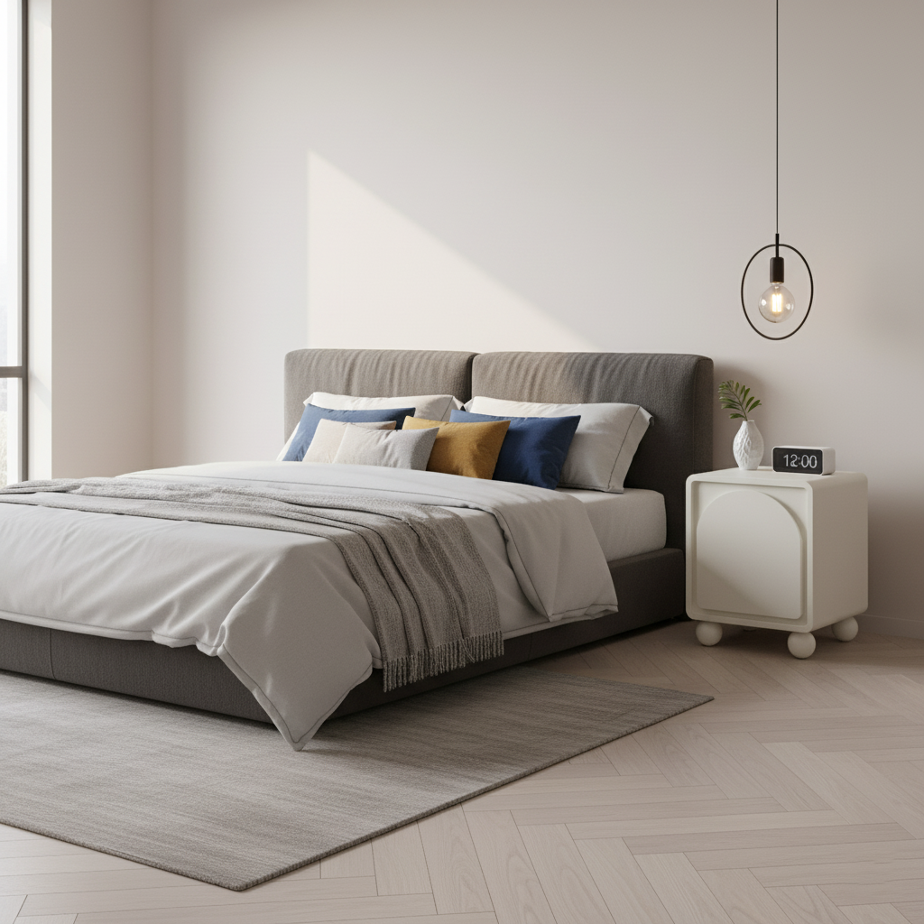 Contemporary Scandinavian Square Cream 1-Cabinet Accent Nightstand - Sculpted Arch Door & Ball Legs Bedside Table For Bedroom Cuvalon