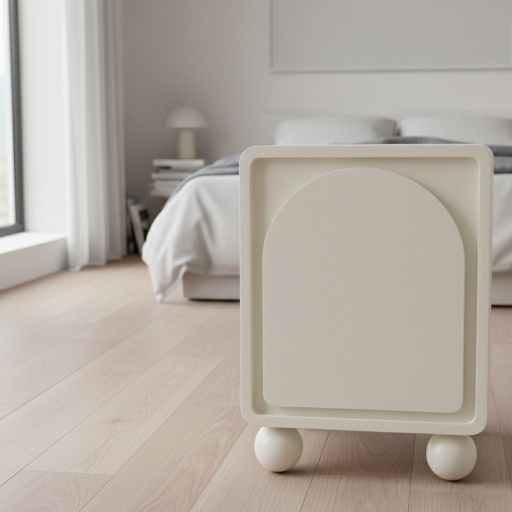 Contemporary Scandinavian Square Cream 1-Cabinet Accent Nightstand - Sculpted Arch Door & Ball Legs Bedside Table For Bedroom Cuvalon