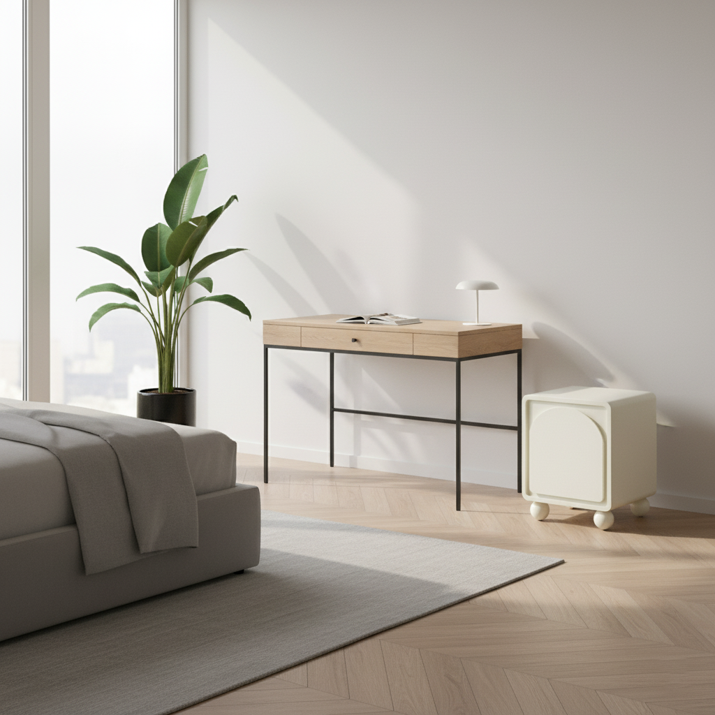 Contemporary Scandinavian Square Cream 1-Cabinet Accent Nightstand - Sculpted Arch Door & Ball Legs Bedside Table For Bedroom Cuvalon