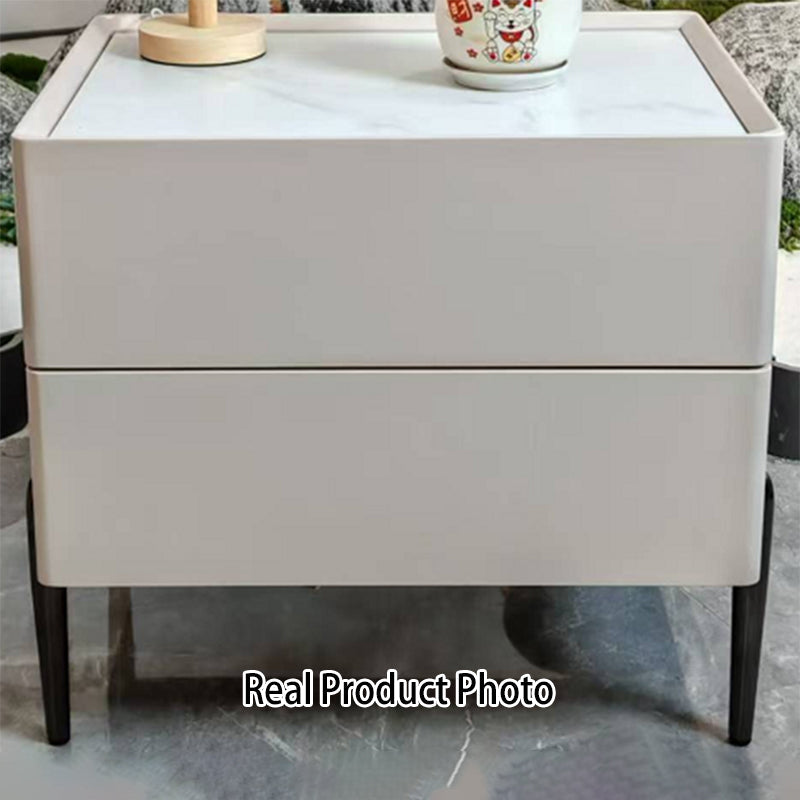 Contemporary Scandinavian Square Cream White 2-Drawer Storage Nightstand - Stone Slab Top Bedside Table For Bedroom Cuvalon
