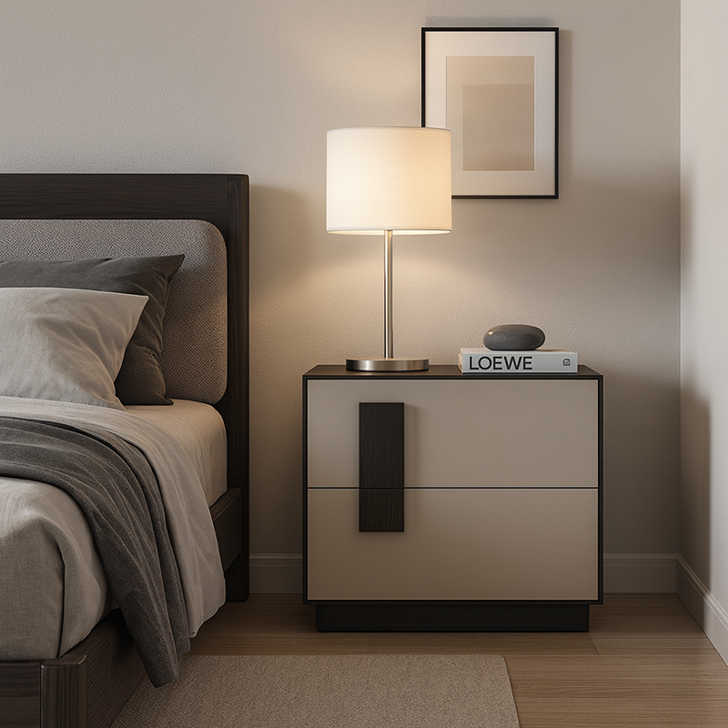 Modern Mid-Century Black & Walnut 2-Drawer Storage Nightstand - Color Blocking Frame Bedside Table For Bedroom Cuvalon