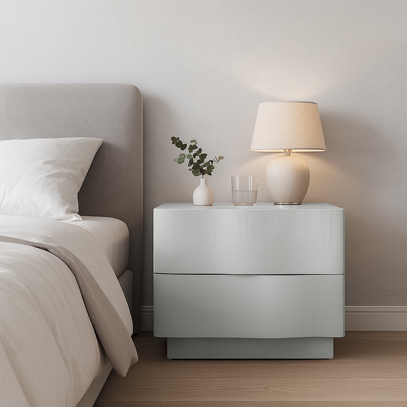 Contemporary Scandinavian Greige 2-Drawer Storage Nightstand - 3D Wave Pattern Drawers Bedside Table For Bedroom Cuvalon