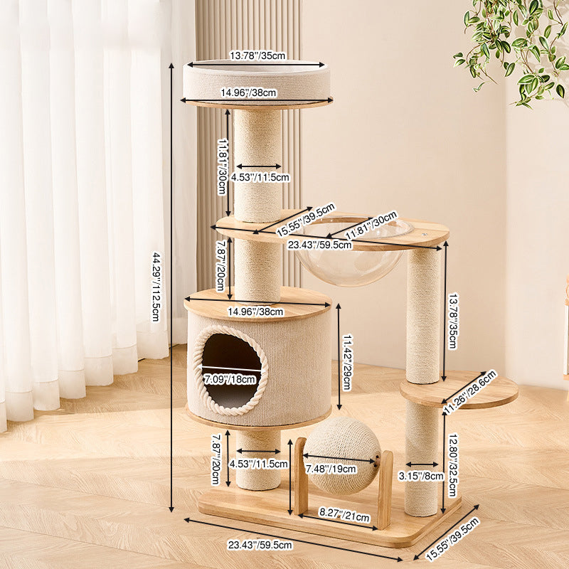 Contemporary Scandinavian Round Sisal Multi-Layer Solid Wood Panel Acrylic Cat Tree For Living Room Cuvalon