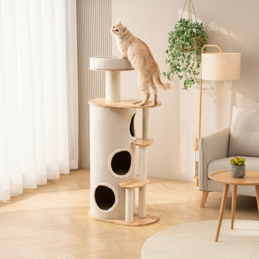 Contemporary Scandinavian Round Sisal Multi-Layer Solid Wood Panel Acrylic Cat Tree For Living Room Cuvalon