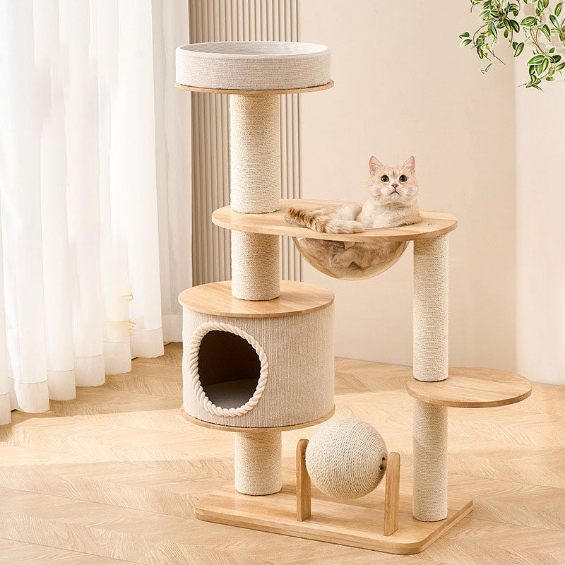 Contemporary Scandinavian Round Sisal Multi-Layer Solid Wood Panel Acrylic Cat Tree For Living Room Cuvalon