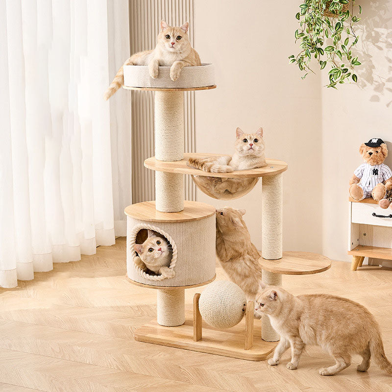 Contemporary Scandinavian Round Sisal Multi-Layer Solid Wood Panel Acrylic Cat Tree For Living Room Cuvalon