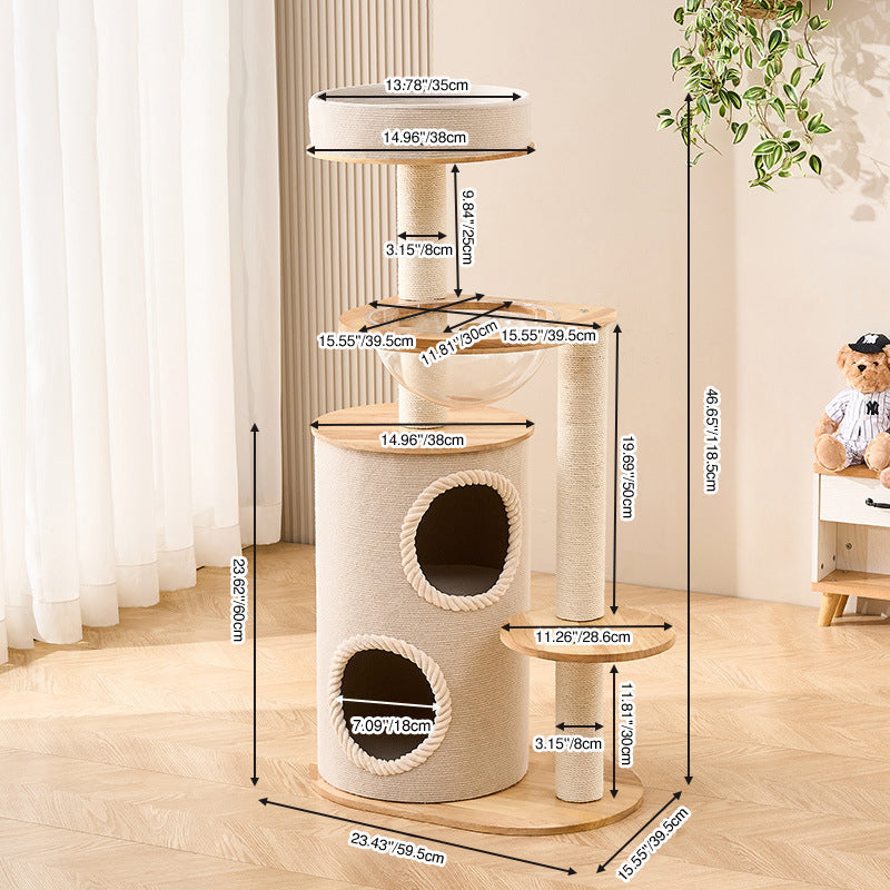 Contemporary Scandinavian Round Sisal Multi-Layer Solid Wood Panel Acrylic Cat Tree For Living Room Cuvalon