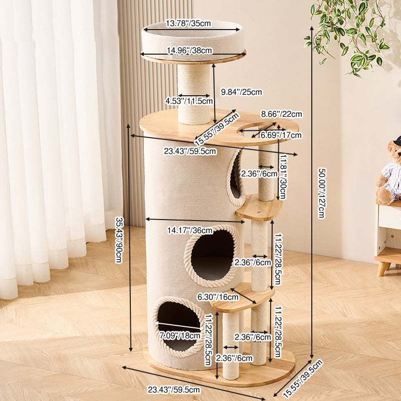 Contemporary Scandinavian Round Sisal Multi-Layer Solid Wood Panel Acrylic Cat Tree For Living Room Cuvalon