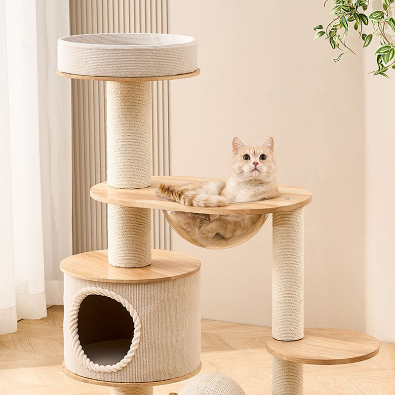 Contemporary Scandinavian Round Sisal Multi-Layer Solid Wood Panel Acrylic Cat Tree For Living Room Cuvalon