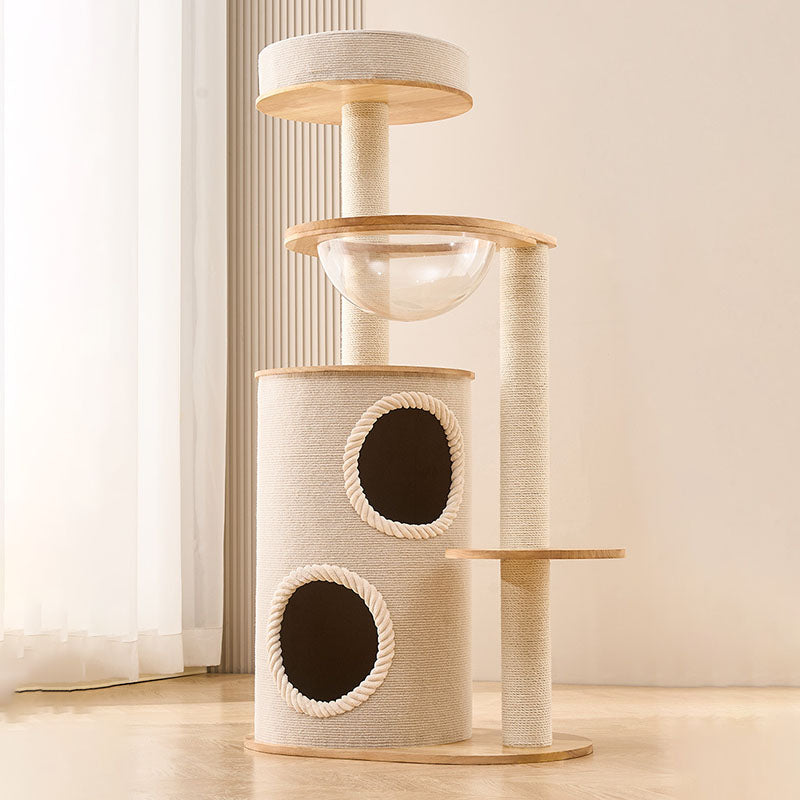 Contemporary Scandinavian Round Sisal Multi-Layer Solid Wood Panel Acrylic Cat Tree For Living Room Cuvalon