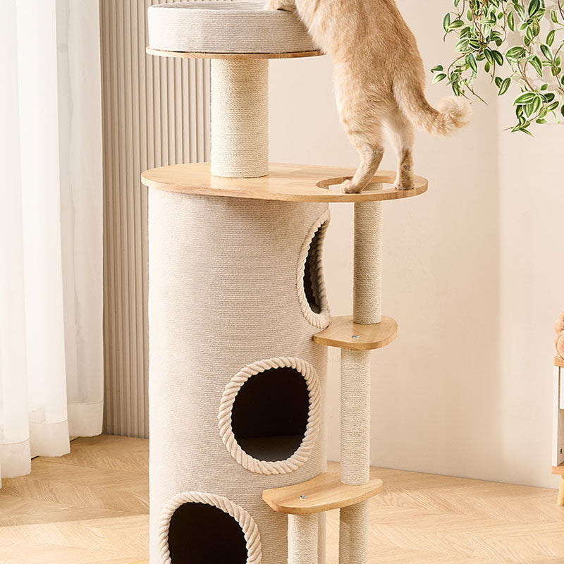Contemporary Scandinavian Round Sisal Multi-Layer Solid Wood Panel Acrylic Cat Tree For Living Room Cuvalon