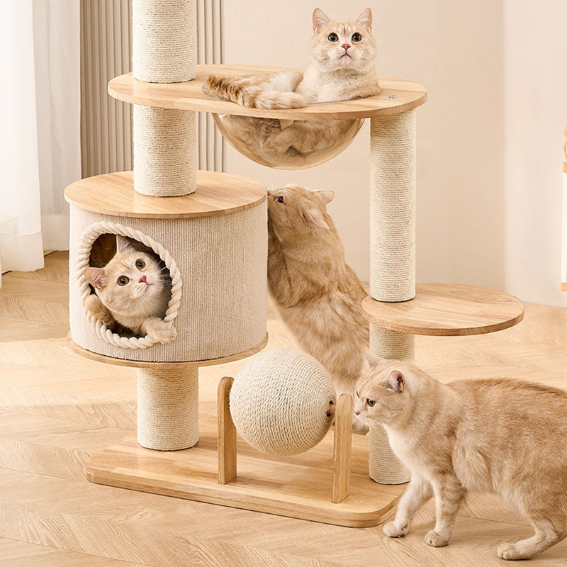 Contemporary Scandinavian Round Sisal Multi-Layer Solid Wood Panel Acrylic Cat Tree For Living Room Cuvalon