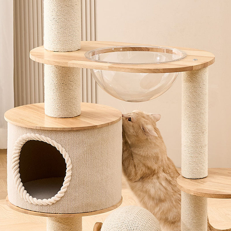 Contemporary Scandinavian Round Sisal Multi-Layer Solid Wood Panel Acrylic Cat Tree For Living Room Cuvalon
