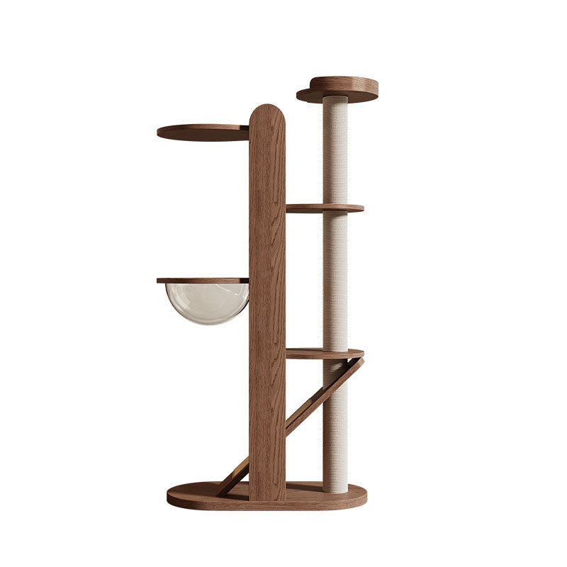 Contemporary Creative Round Rubberwood Solid Wood Acrylic Sisal Cat Tree 4-Tier For Living Room Cuvalon