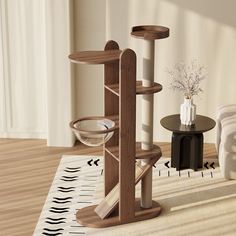 Contemporary Creative Round Rubberwood Solid Wood Acrylic Sisal Cat Tree 4-Tier For Living Room Cuvalon