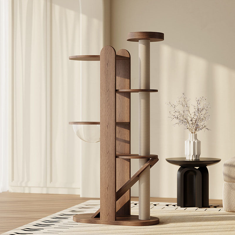 Contemporary Creative Round Rubberwood Solid Wood Acrylic Sisal Cat Tree 4-Tier For Living Room Cuvalon