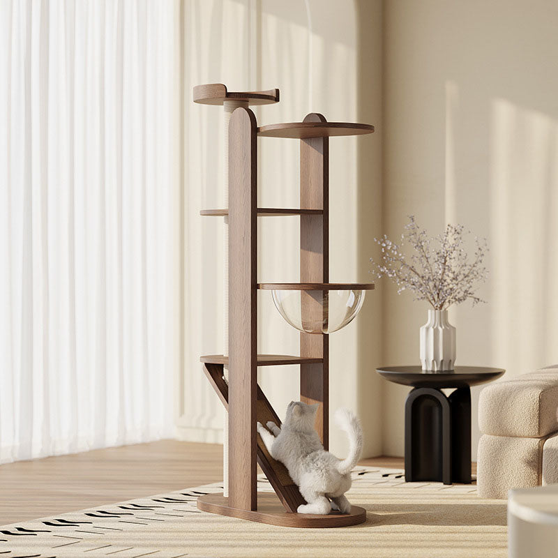 Contemporary Creative Round Rubberwood Solid Wood Acrylic Sisal Cat Tree 4-Tier For Living Room Cuvalon