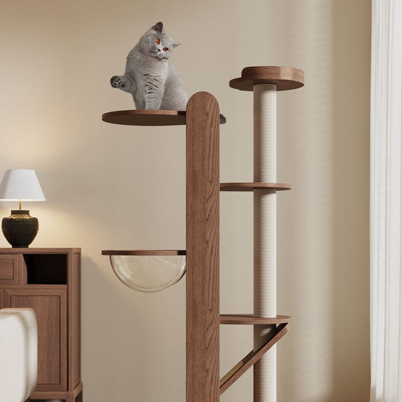 Contemporary Creative Round Rubberwood Solid Wood Acrylic Sisal Cat Tree 4-Tier For Living Room Cuvalon