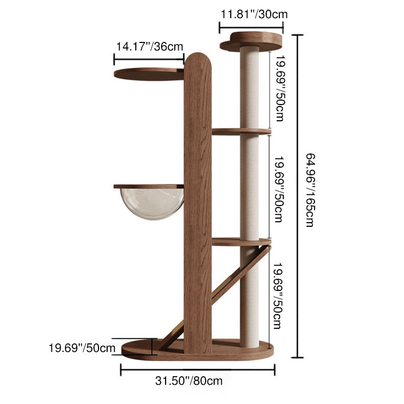 Contemporary Creative Round Rubberwood Solid Wood Acrylic Sisal Cat Tree 4-Tier For Living Room Cuvalon