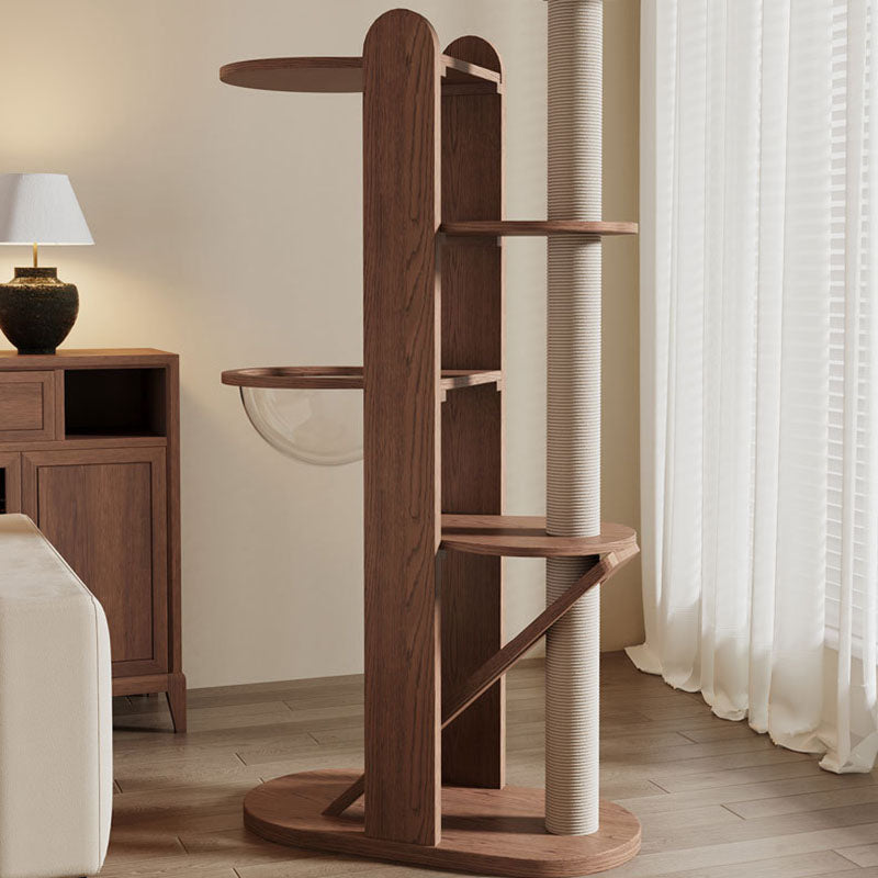 Contemporary Creative Round Rubberwood Solid Wood Acrylic Sisal Cat Tree 4-Tier For Living Room Cuvalon
