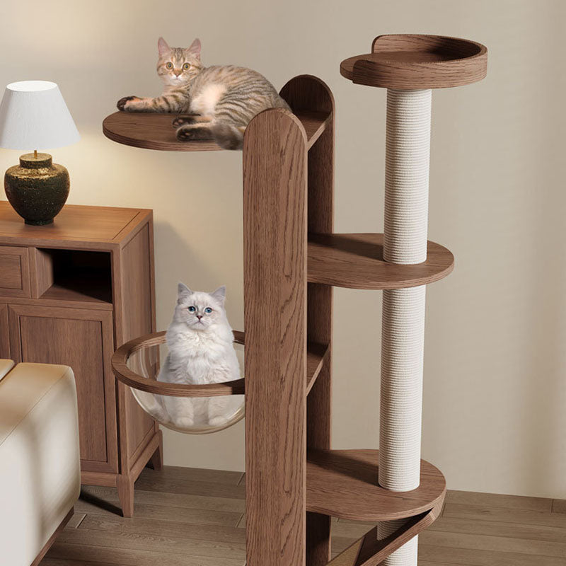Contemporary Creative Round Rubberwood Solid Wood Acrylic Sisal Cat Tree 4-Tier For Living Room Cuvalon