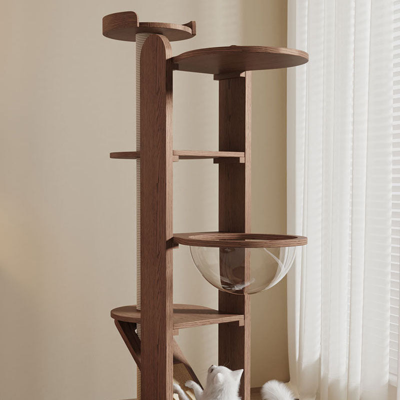Contemporary Creative Round Rubberwood Solid Wood Acrylic Sisal Cat Tree 4-Tier For Living Room Cuvalon