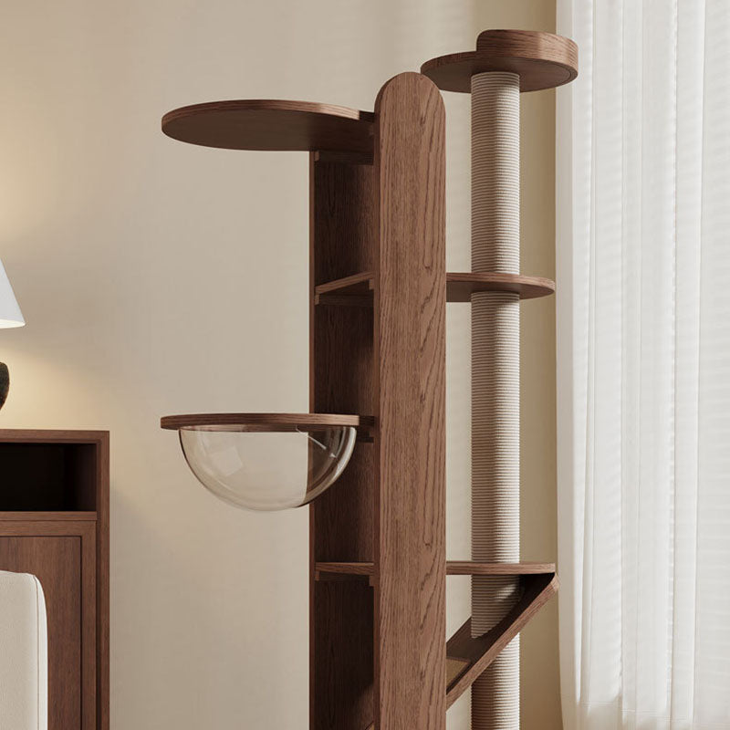 Contemporary Creative Round Rubberwood Solid Wood Acrylic Sisal Cat Tree 4-Tier For Living Room Cuvalon