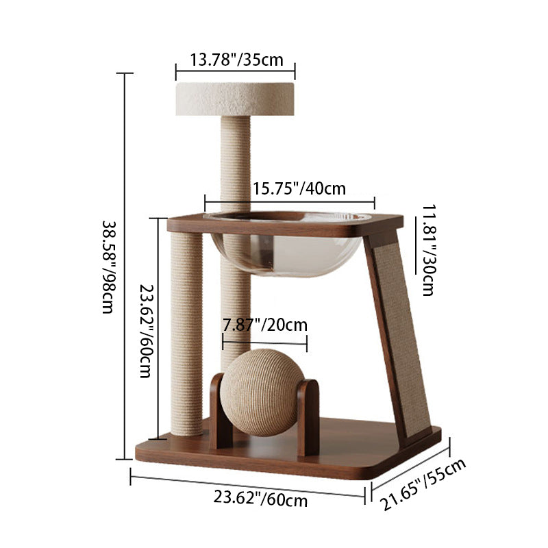 Contemporary Scandinavian Round Rubberwood Solid Wood Acrylic Multi-Functional Cat Tree For Living Room Cuvalon