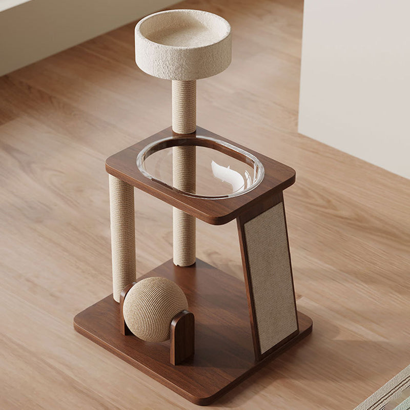 Contemporary Scandinavian Round Rubberwood Solid Wood Acrylic Multi-Functional Cat Tree For Living Room Cuvalon