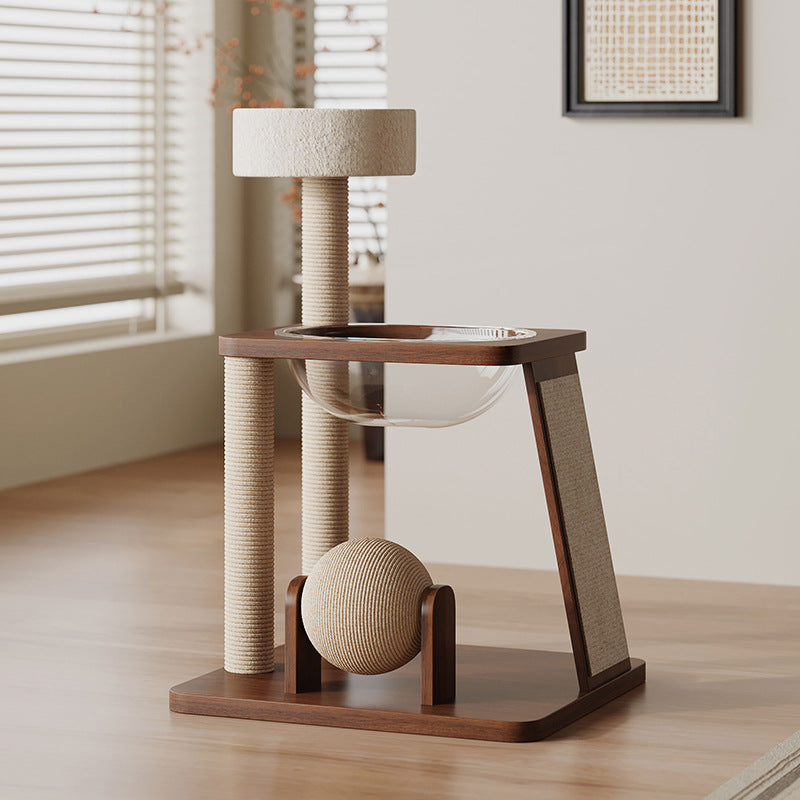 Contemporary Scandinavian Round Rubberwood Solid Wood Acrylic Multi-Functional Cat Tree For Living Room Cuvalon