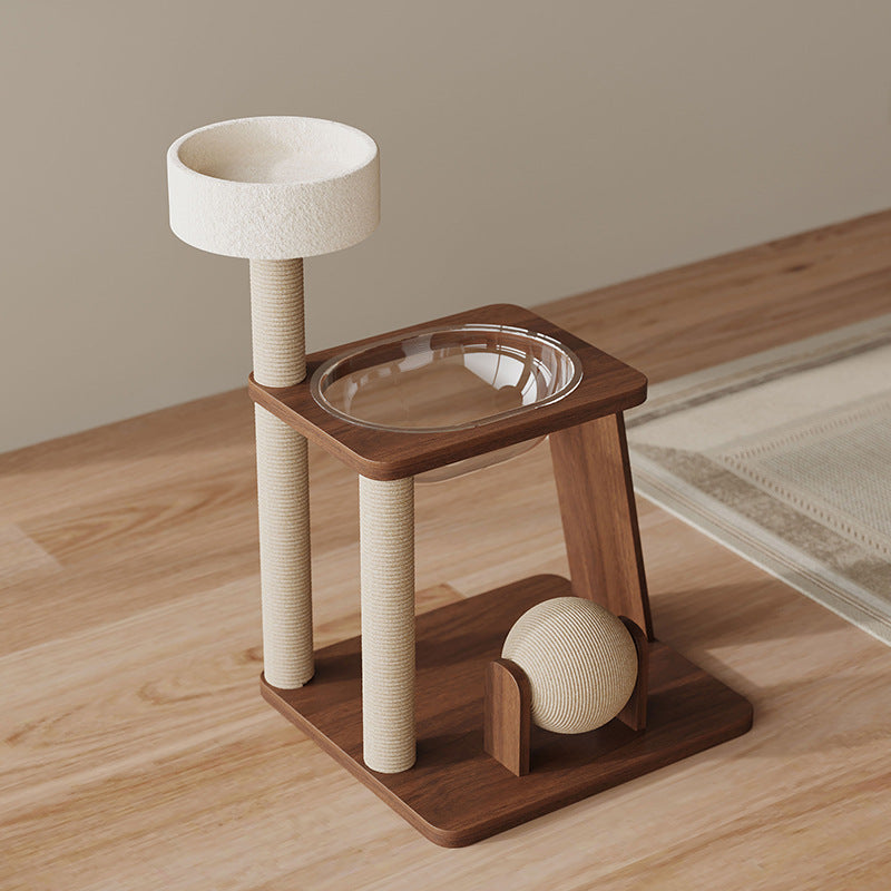 Contemporary Scandinavian Round Rubberwood Solid Wood Acrylic Multi-Functional Cat Tree For Living Room Cuvalon