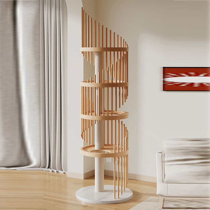 Modern Art Deco Round Rubberwood Pine Ash Stone Slab Spiral Cat Tree 3/4/5-Tier For Living Room Cuvalon