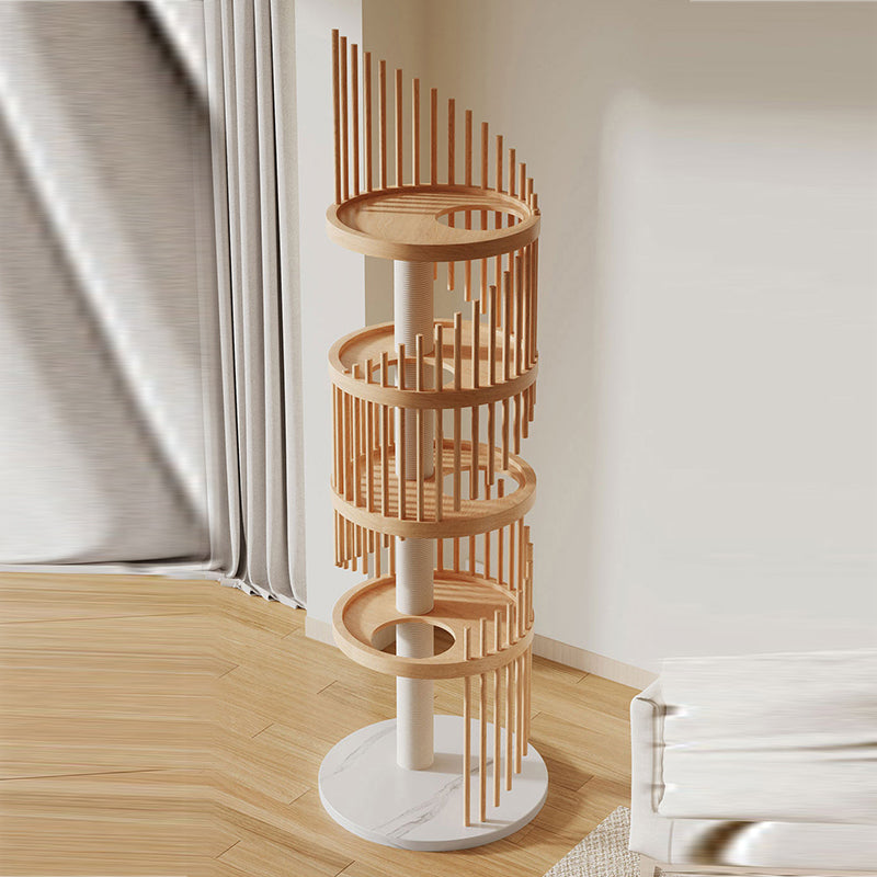 Modern Art Deco Round Rubberwood Pine Ash Stone Slab Spiral Cat Tree 3/4/5-Tier For Living Room Cuvalon
