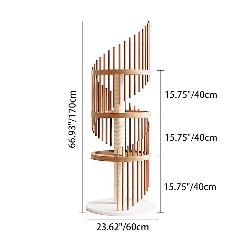 Modern Art Deco Round Rubberwood Pine Ash Stone Slab Spiral Cat Tree 3/4/5-Tier For Living Room Cuvalon