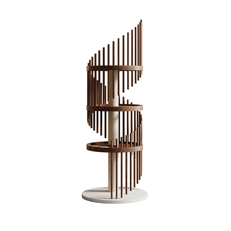 Modern Art Deco Round Rubberwood Pine Ash Stone Slab Spiral Cat Tree 3/4/5-Tier For Living Room Cuvalon