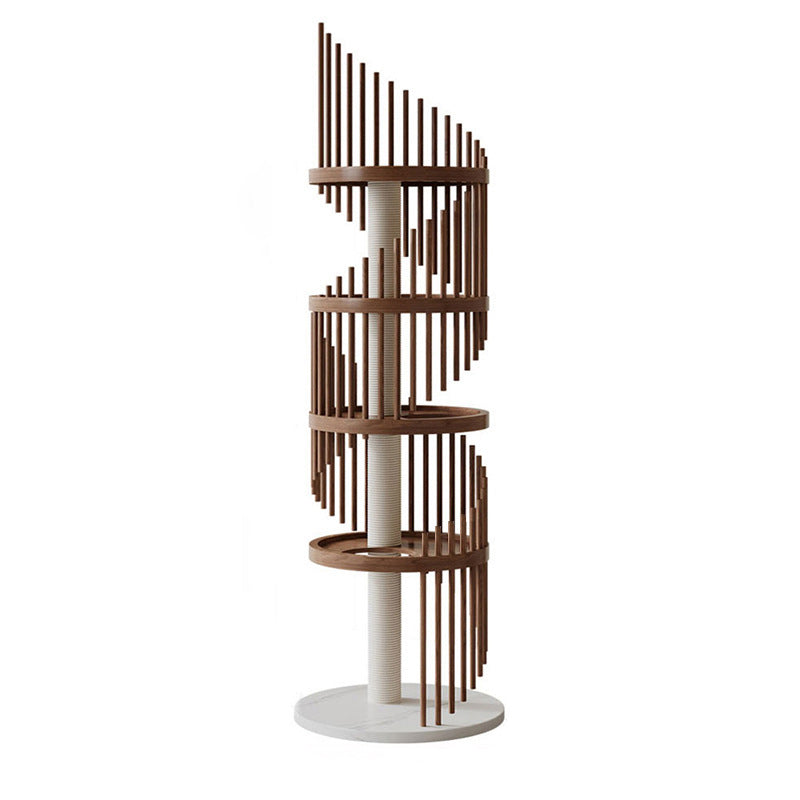 Modern Art Deco Round Rubberwood Pine Ash Stone Slab Spiral Cat Tree 3/4/5-Tier For Living Room Cuvalon