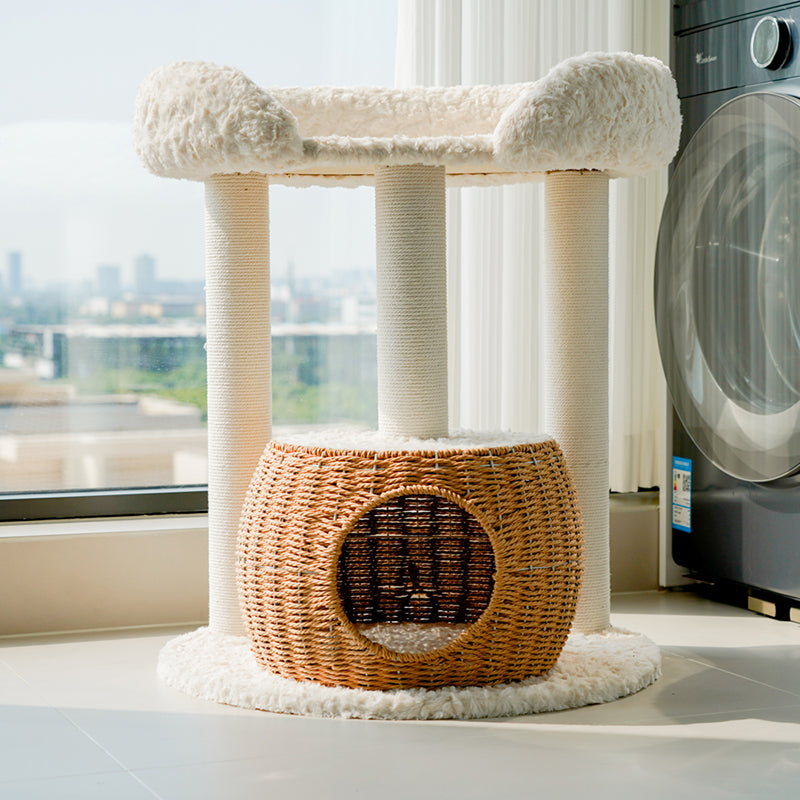 Contemporary Scandinavian Round Medium-Density Fiberboard Velvet Fabric Sisal Multi-Functional Cat Tree For Living Room Cuvalon