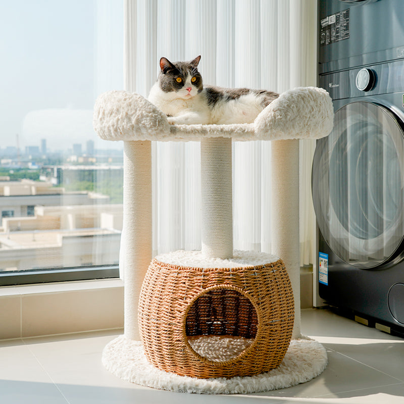 Contemporary Scandinavian Round Medium-Density Fiberboard Velvet Fabric Sisal Multi-Functional Cat Tree For Living Room Cuvalon