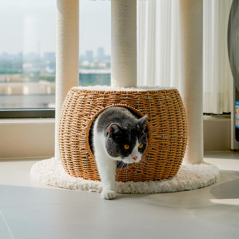 Contemporary Scandinavian Round Medium-Density Fiberboard Velvet Fabric Sisal Multi-Functional Cat Tree For Living Room Cuvalon