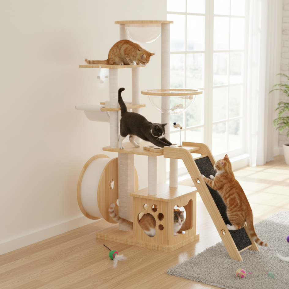 Contemporary Creative Rectangular Solid Pine Wood Acrylic Kraft Paper Rope Multi-Functional Cat Tree Multi-Level For Living Room Cuvalon
