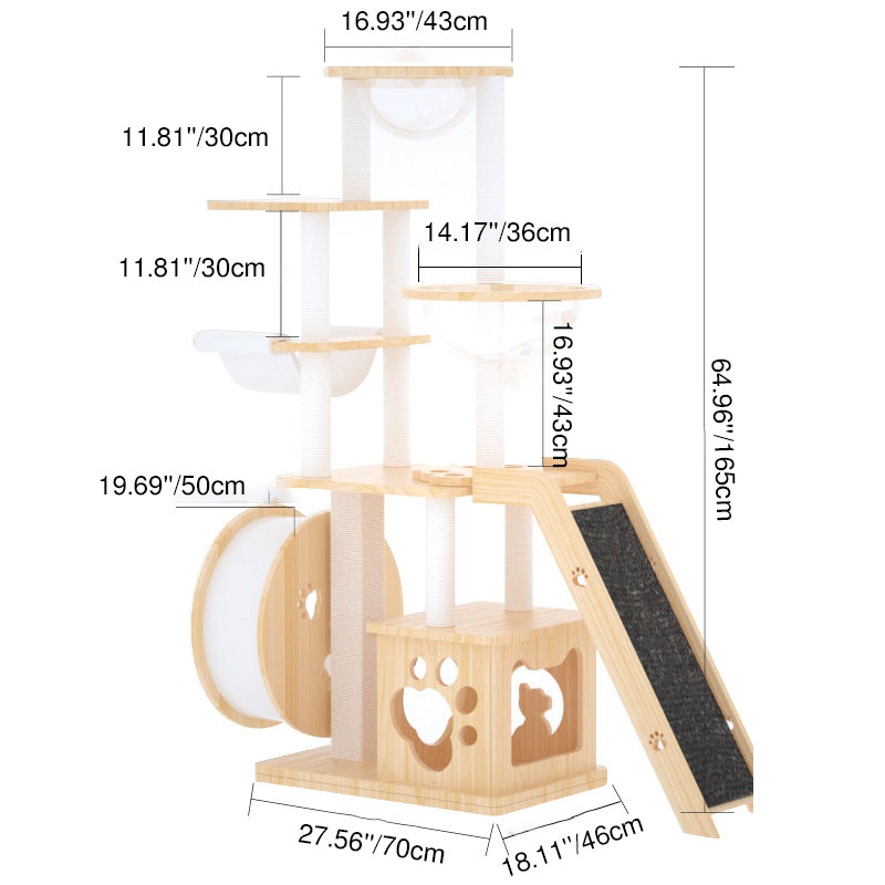 Contemporary Creative Rectangular Solid Pine Wood Acrylic Kraft Paper Rope Multi-Functional Cat Tree Multi-Level For Living Room Cuvalon