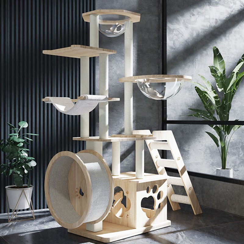 Contemporary Creative Rectangular Solid Pine Wood Acrylic Kraft Paper Rope Multi-Functional Cat Tree Multi-Level For Living Room Cuvalon