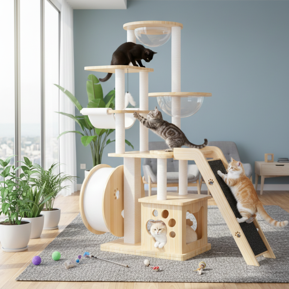 Contemporary Creative Rectangular Solid Pine Wood Acrylic Kraft Paper Rope Multi-Functional Cat Tree Multi-Level For Living Room Cuvalon