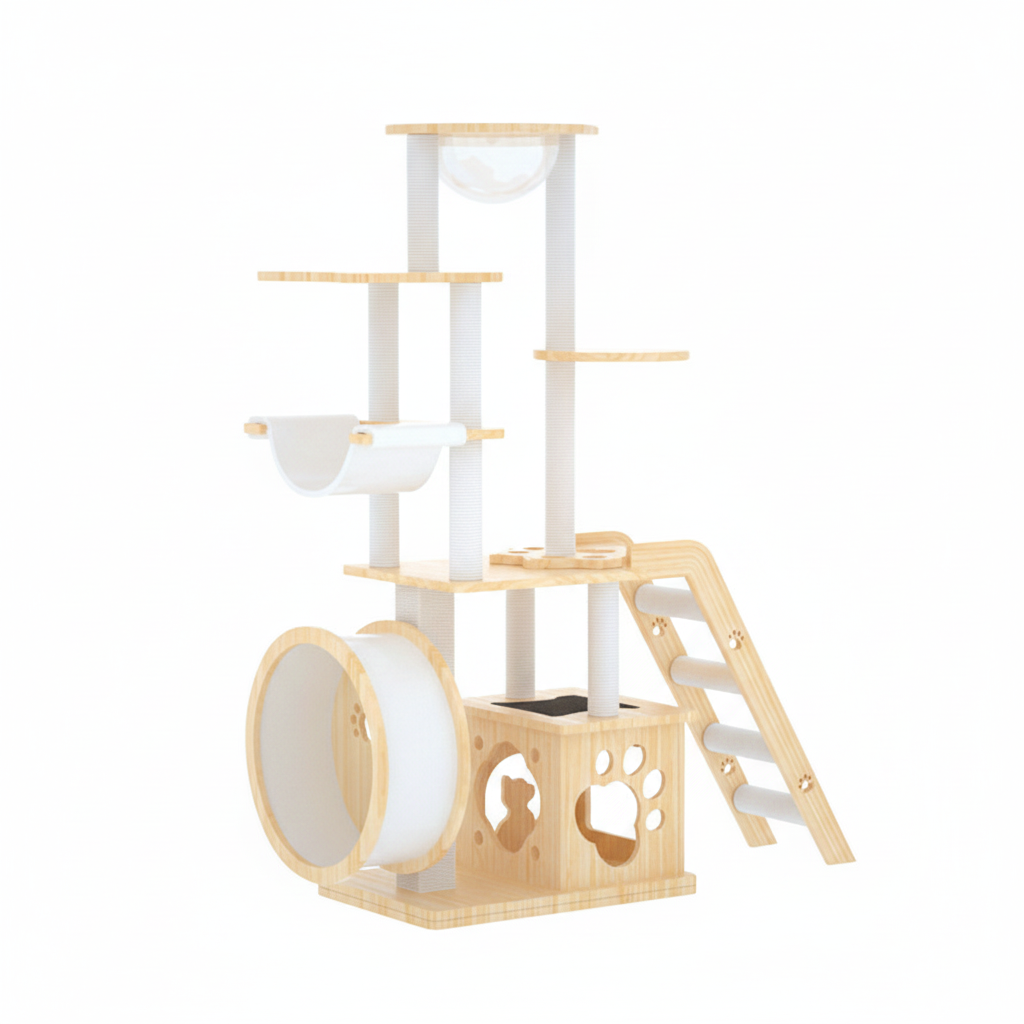 Contemporary Creative Rectangular Solid Pine Wood Acrylic Kraft Paper Rope Multi-Functional Cat Tree Multi-Level For Living Room Cuvalon