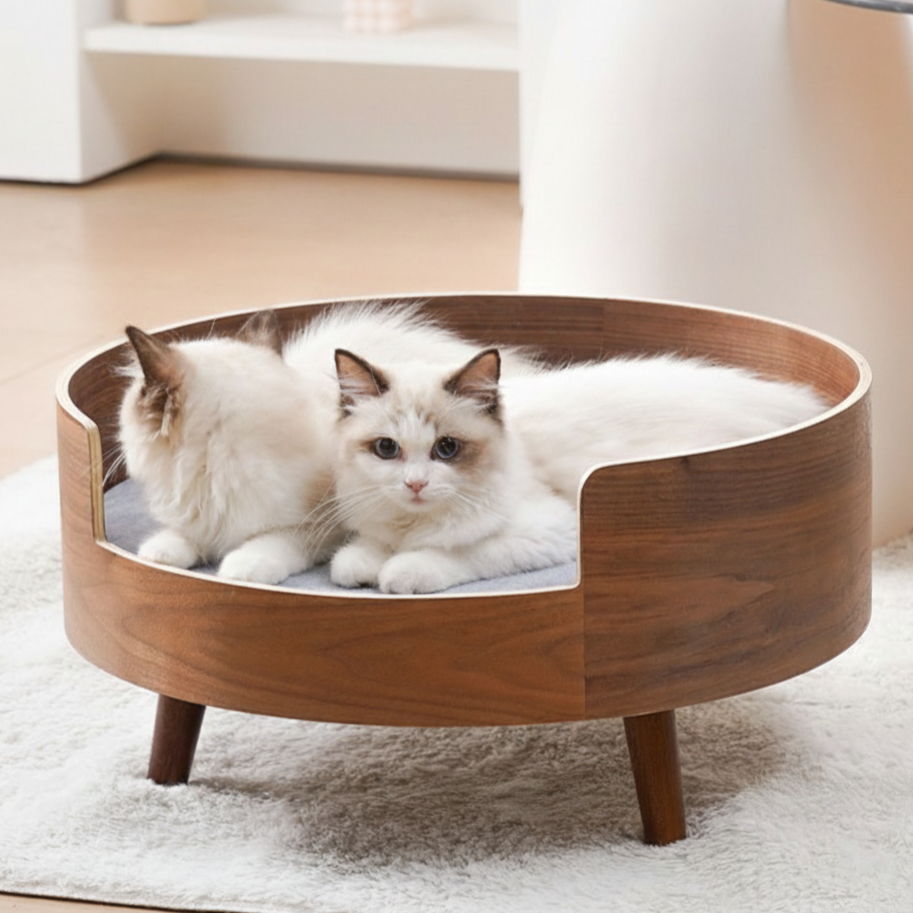 Traditional Vintage Round Veneered Multi-layer Solid Wood Panel Linen Sisal Cat Bed For Bedroom Cuvalon