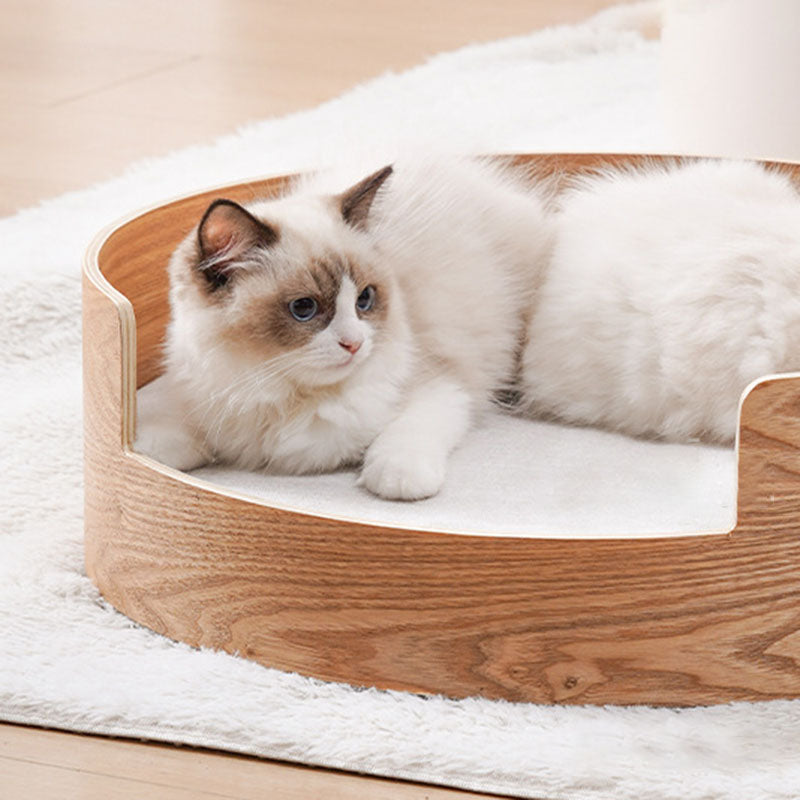 Traditional Vintage Round Veneered Multi-layer Solid Wood Panel Linen Sisal Cat Bed For Bedroom Cuvalon